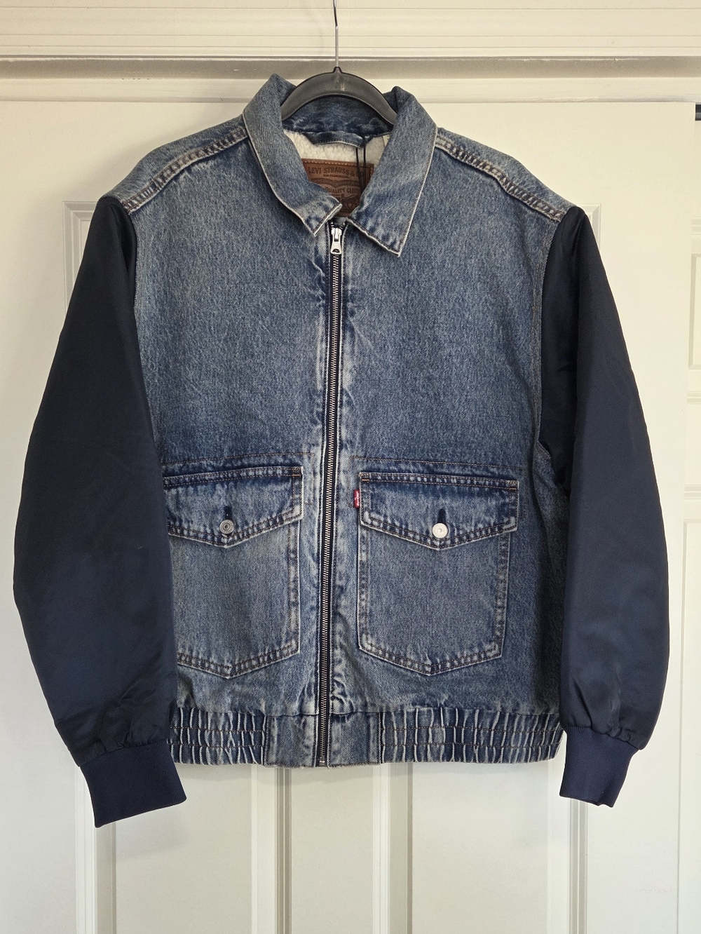 Levi's Premium Denim Sherpa Lined Bomber Jacket w/ Navy Satin Sleeves - Size L